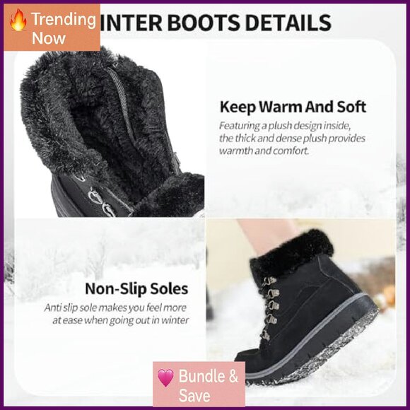 Women's Winter Ankle Boots Fur Lined Non Slip Hiking Snow Boots Zipper - Picture 4 of 8